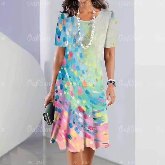 Women Vintage Short Sleeve 3d Print Midi Dress Comfortable Beach Dresses