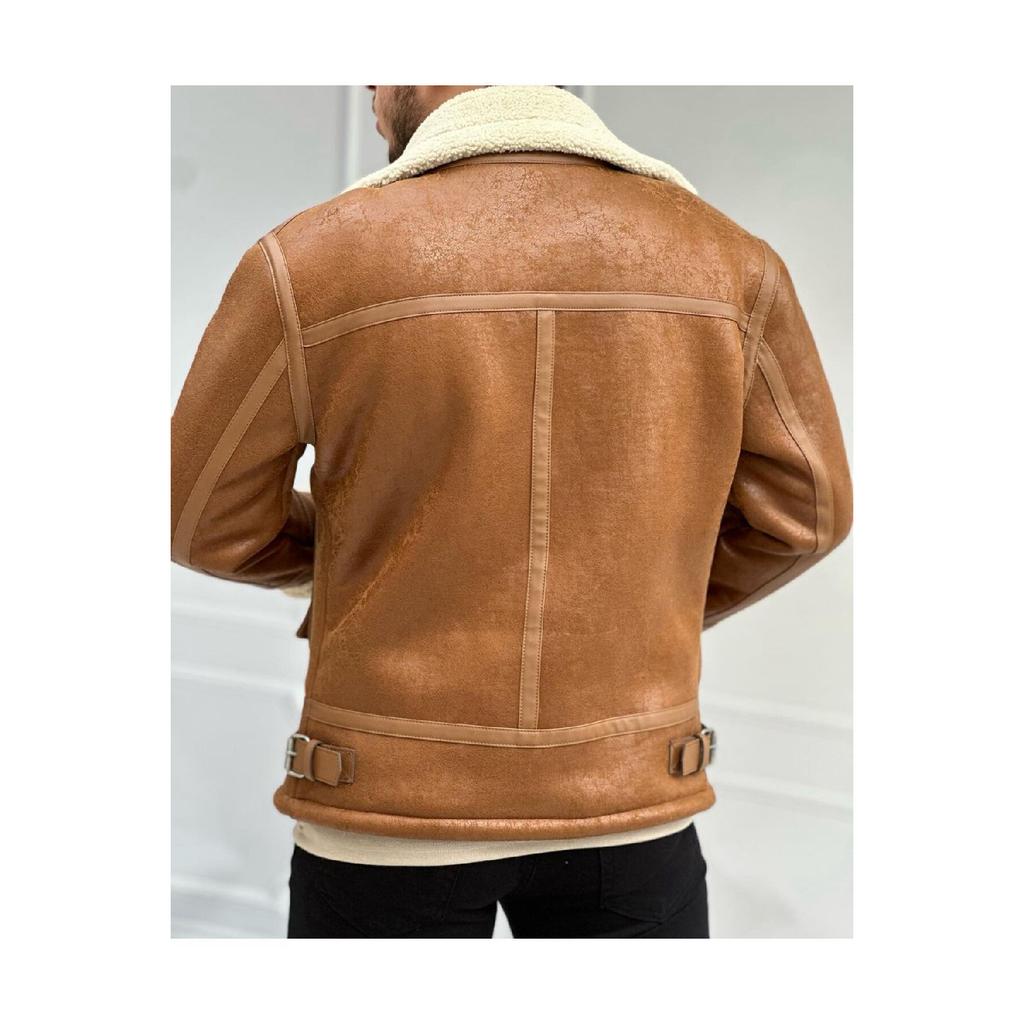 Men's Stone White Napa Leather Coat With Full Shearling Inside Northern Model Coat