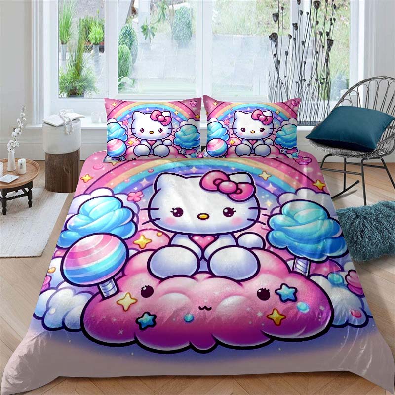 This Hello Kitty three-piece bedding set with a cartoon heart print, including one duvet cover and two pillowcases, makes a perf