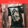 Fashion Skull Womens Printed Cool Black Tshirt Plus Size Slash Tops Slit