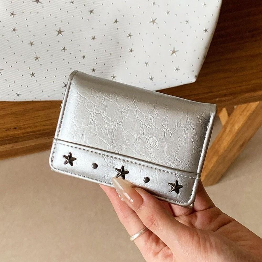Portable Vintage Style Trifold Wallet Ultra Thin PU Leather Star Rivet Wallet Large Capacity Compact Size Cash Wallet Women
