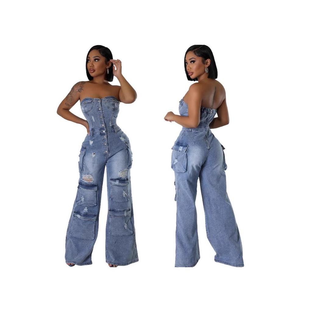 European & American Casual Strapless Slim-Fit Denim Jumpsuit for Women