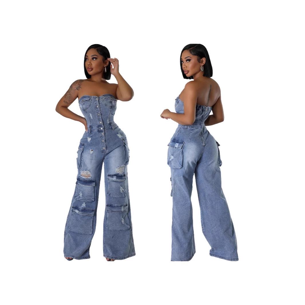 

European & American Casual Strapless Slim-Fit Denim Jumpsuit for Women XX-Large синий
