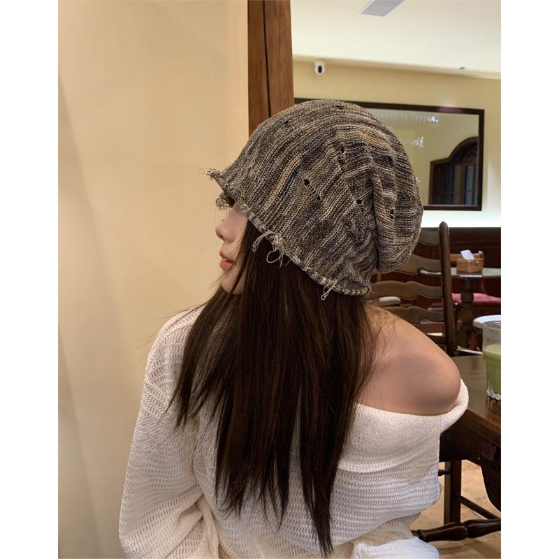 Personalized Distressed Hole Knitted Hat for Women in Autumn Niche Pile Hat Japanese Wasteland Air Cooled Hat Warm Pullover Hat