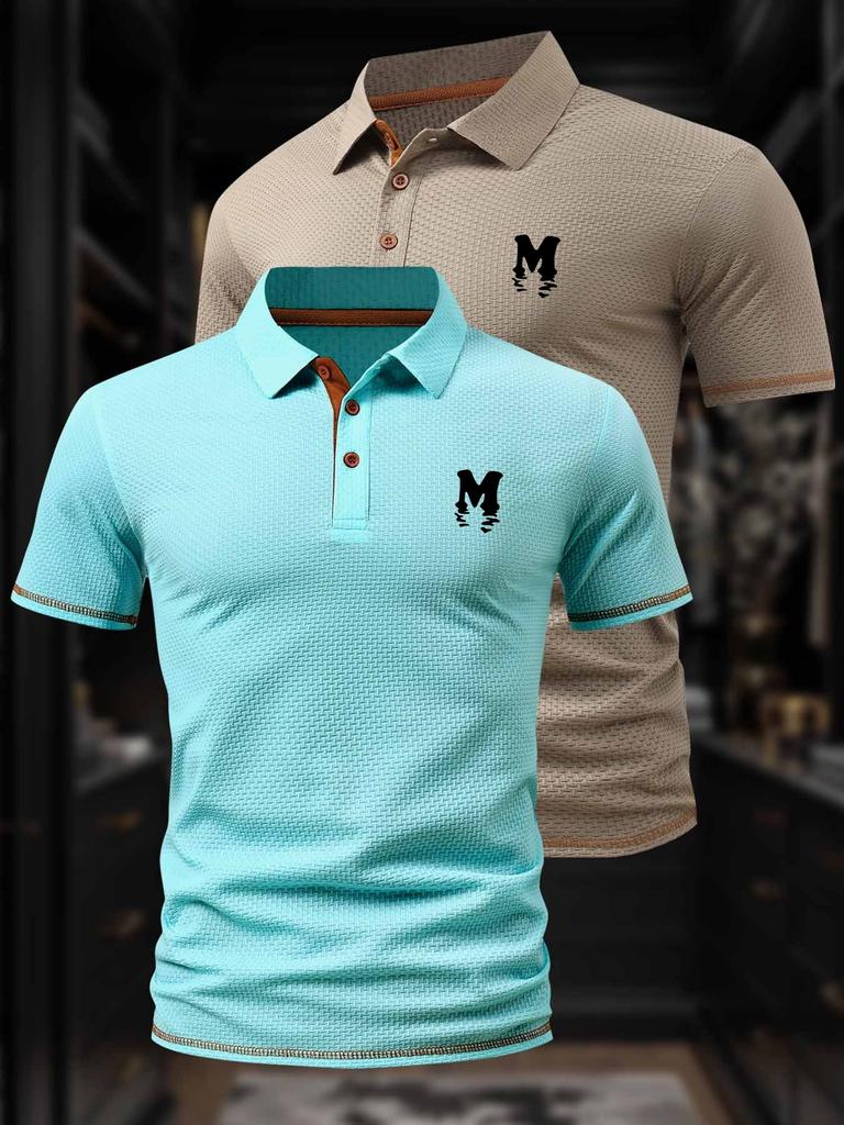 2 Pcs Men's Polo Shirts - Short Sleeve Casual Polo T Shirt Color Block & Stand Collar Slim Fit Golf Shirts