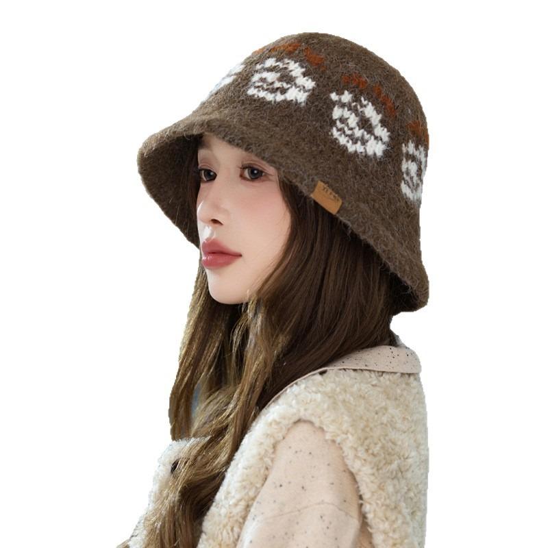 Autumn and Winter Hat Women's Bucket Hat Retro Versatile Velvet Rabbit Fur Knitted Hat Ear Protector Warm Wool Hat