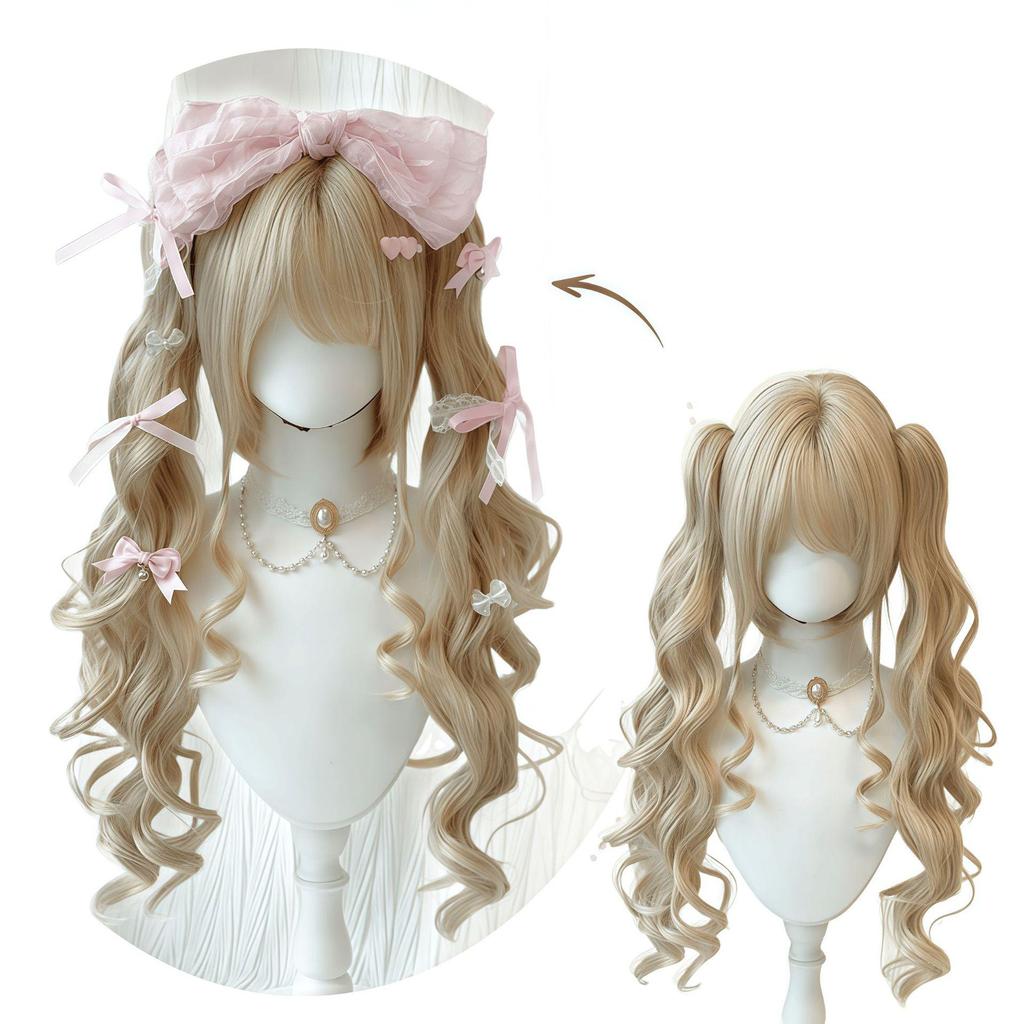 Parrucca Lolita Bianca e Oro con Doppi Code, Ricci Lunghi e Pinzette a Pinza - Copertura Completa per la Testa in Stile JK.