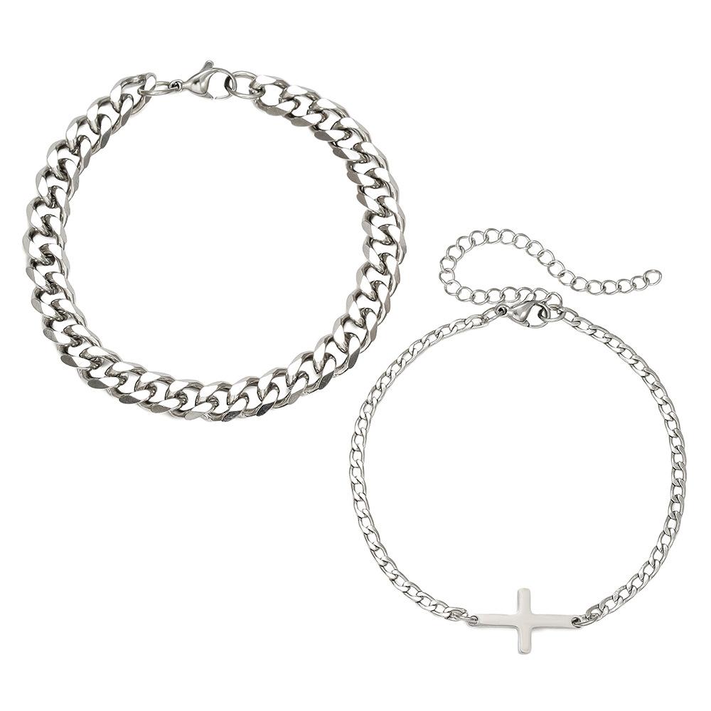 Fashion Cold Wind Stainless Steel Cuban NK Chain Double Layer Stacked Cross Bracelet Men's Hip Hop Street Bracelet Set