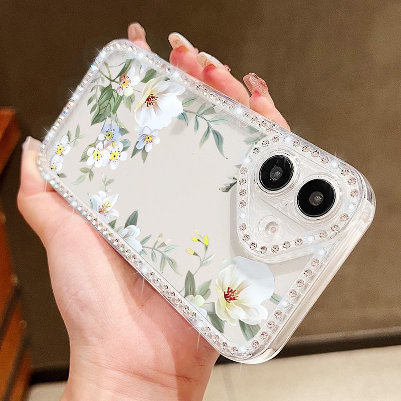 Diamond Frame Clear Anti-Fall Phone Case For iPhone 16E 16 Pro 15 Pro Max 14 13 12 11 Floral Print Soft Silicone Shockproof Bumper Cover