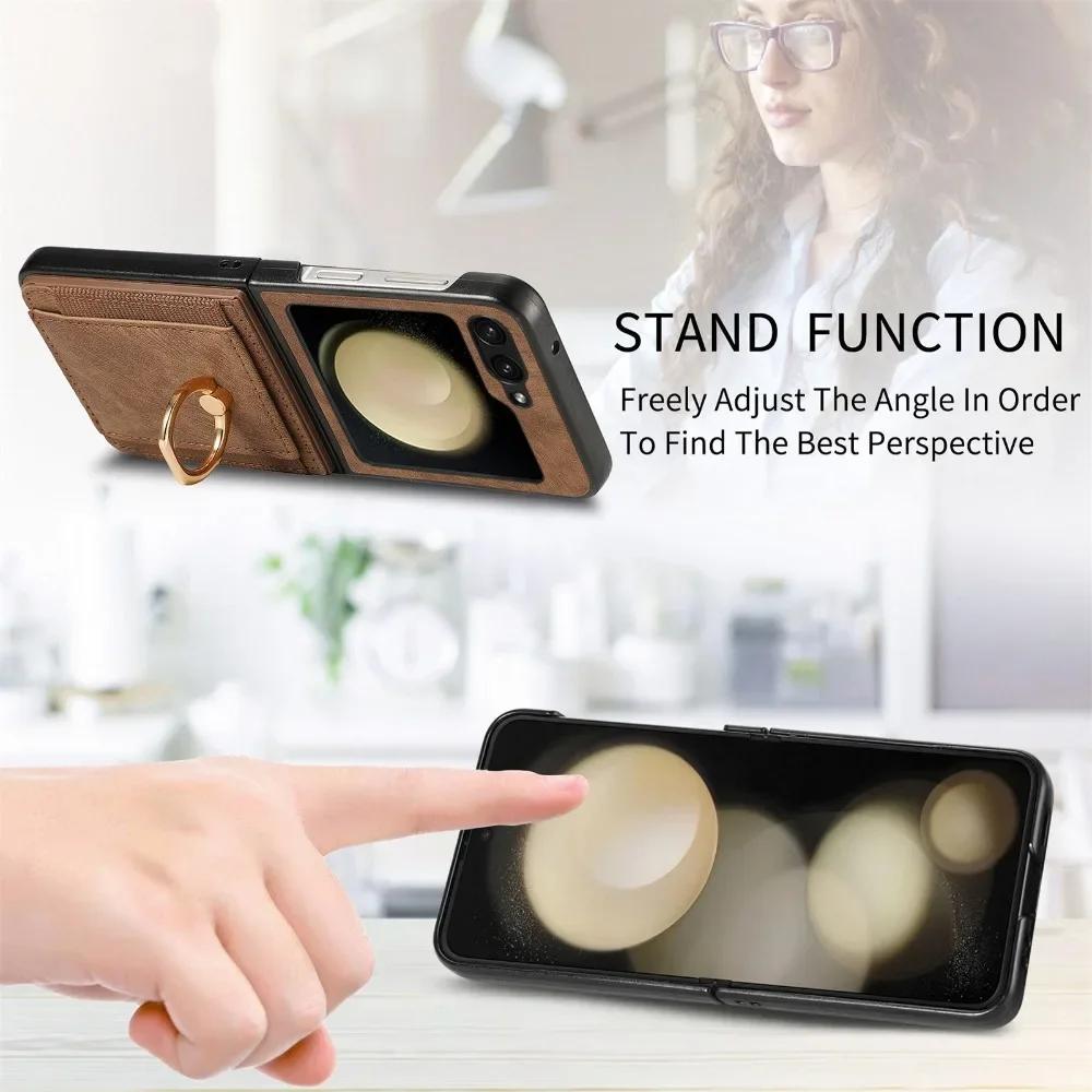 Retro PU Leather Cover for Samsung Z Flip 6 5 4 3 2 Flip6 Flip5 Flip4 Flip3 Flip2 5G Ring Card Slot Holder Wallet Phone Case