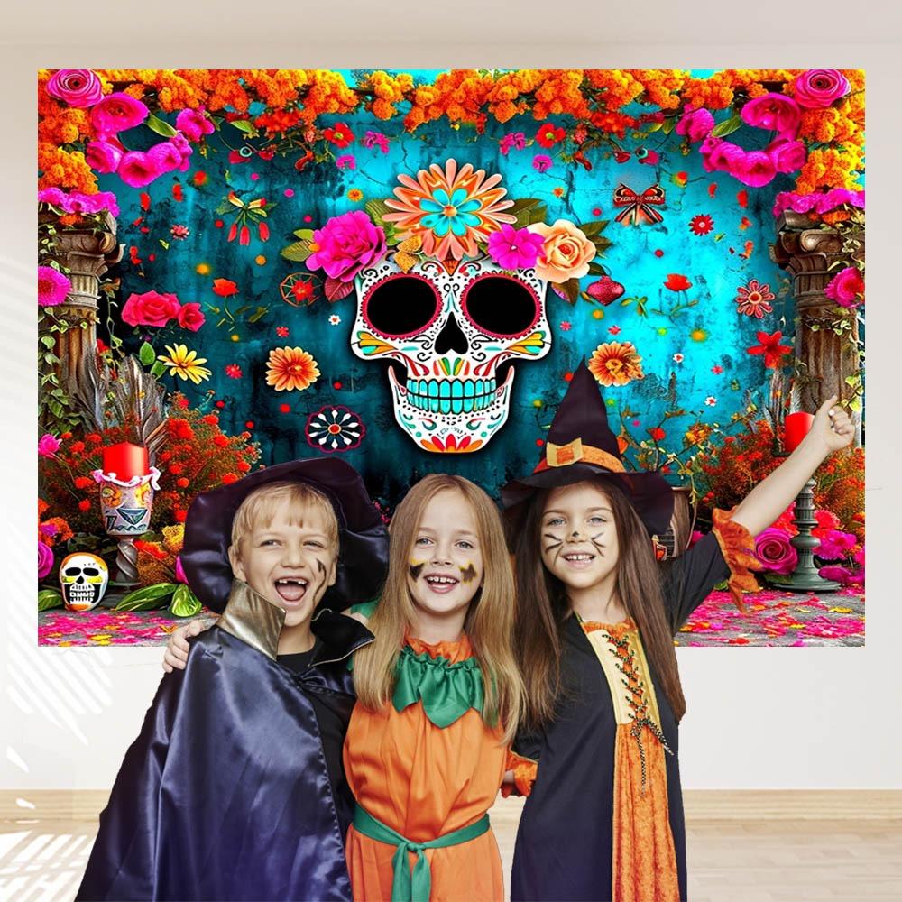 Tło Imprezowe Dzień Zmarłych Meksykańskie Dia DE Los Muertos Tło Fotograficzne Fiesta Cukrowa Czaszka Dekoracja Baner Kącik Fotograficzny