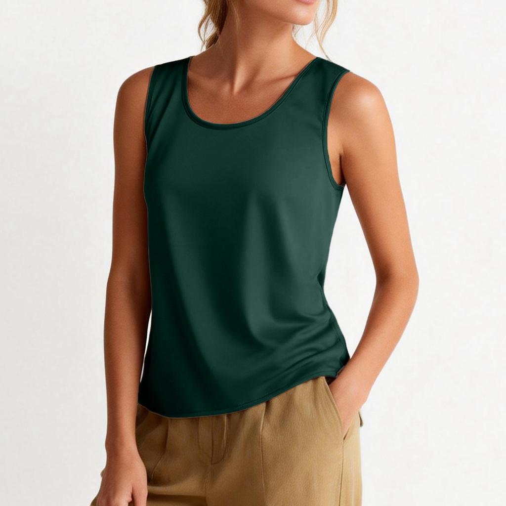 Women's Satin Round Neck Fashion Loose Sleeveless T-Shirt Vest