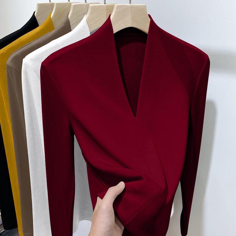 

Осень Зима Новые Футболки Женские Однотонные V-образный вырез Плюс Бархат Утолщенные Теплые Модные С длинным рукавом Приталенные Пуловеры Базовая Футболка Топы M красный