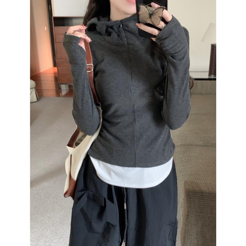 Real shot half zipper hooded long-sleeved T-shirt women's autumn and winter slim-fit polished warm bottoming shirt with fake two pieces inside