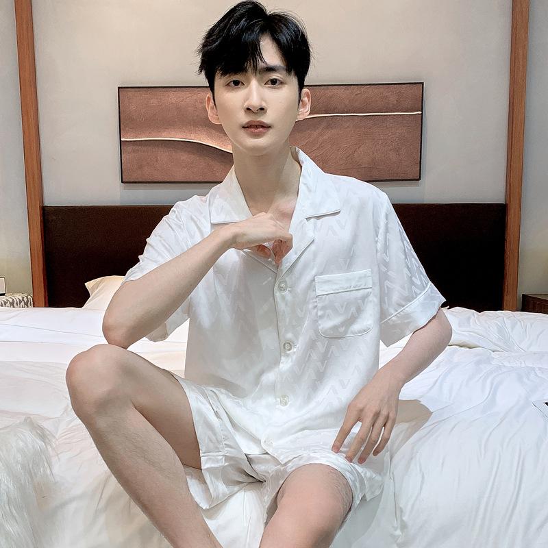 Jacquard Pajamas Suit Men Summer Ice Silk Shorts Sleepwear Set Thin Satin Loungewear Male Night Clothing