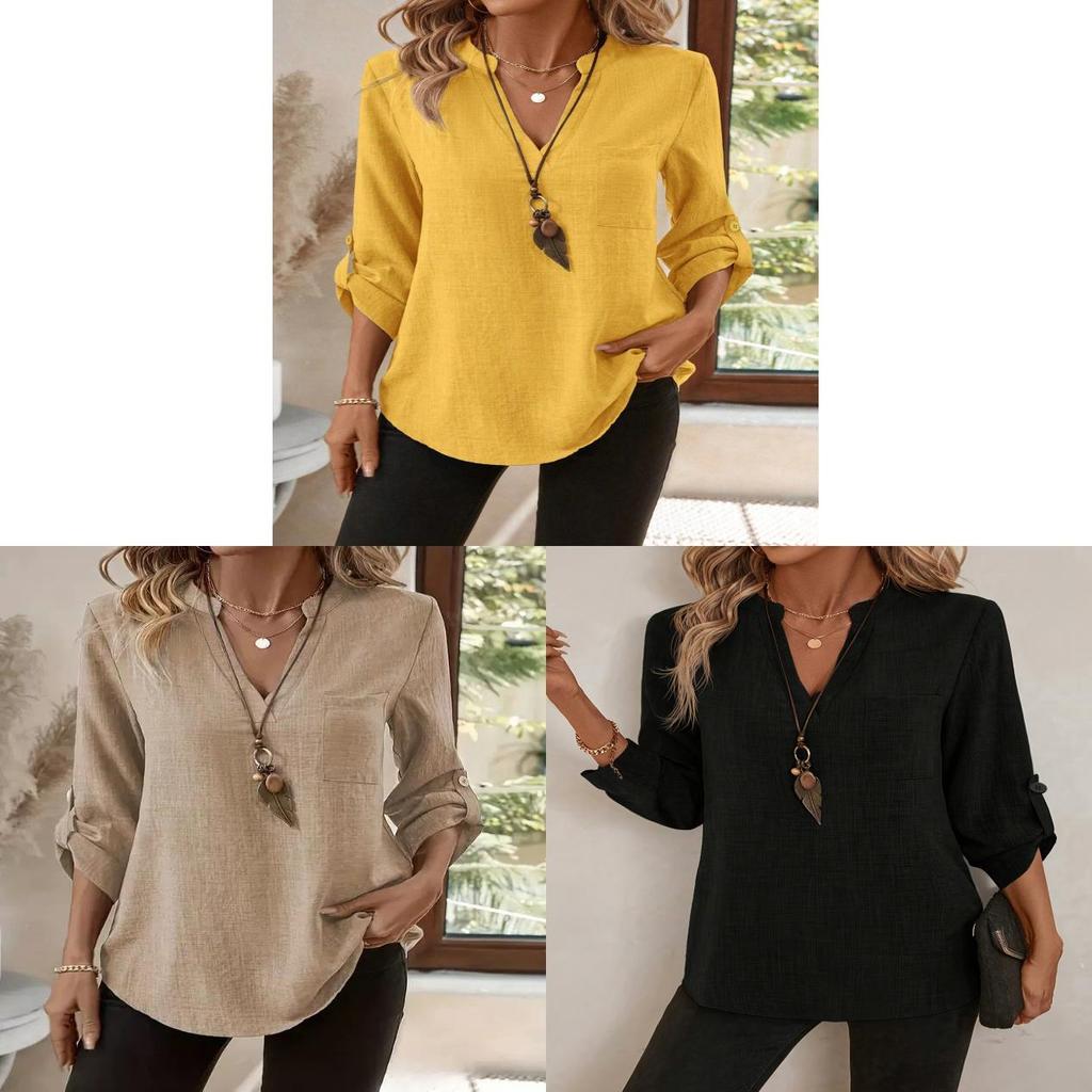 Womens Casual Cotton Linen Blouse With Pockets And Vneck For Summer 2025