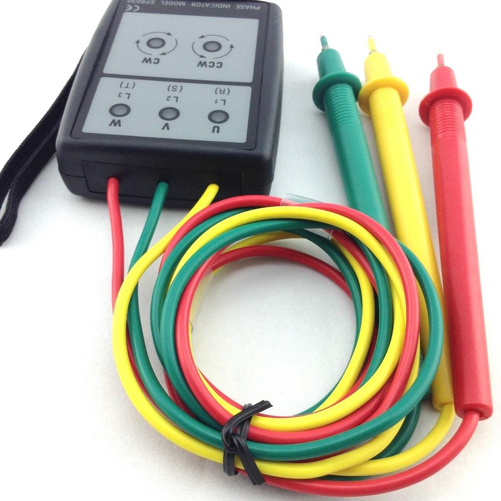 Three-phase phase tester with LED, buzzer, and case. Suitable for use with transformers, inverters, circuit breakers, outlets, cords, extension cords,