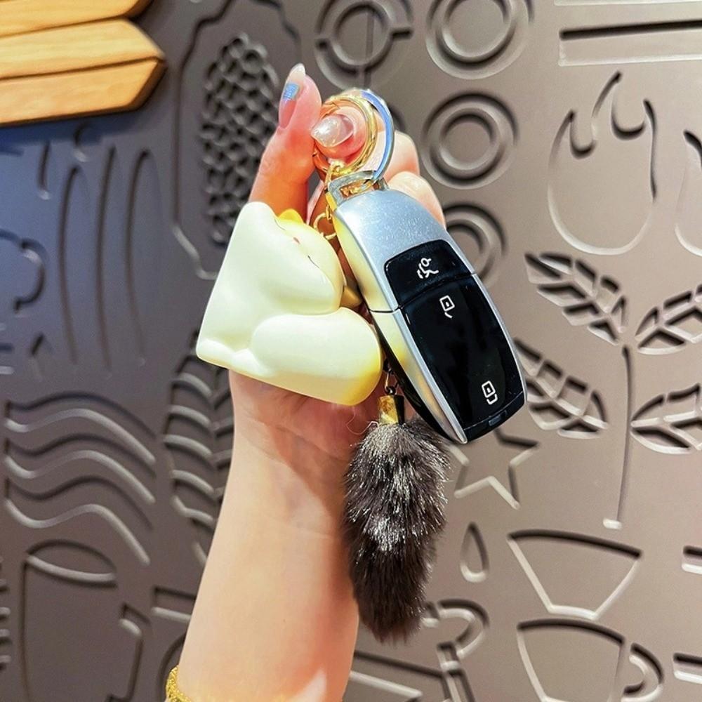 Animals Couple Cat Key Chain Pom Accessories Mink Fur Cat Keyring Soft Long Tail Cat Pendant  Women