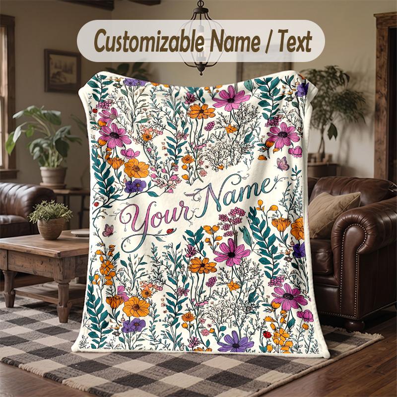 Floral Artwork 26 Theme Throw Blanket Custom Name Text Personalized Blanket Soft Cozy Blanket for Home Sofa Bed