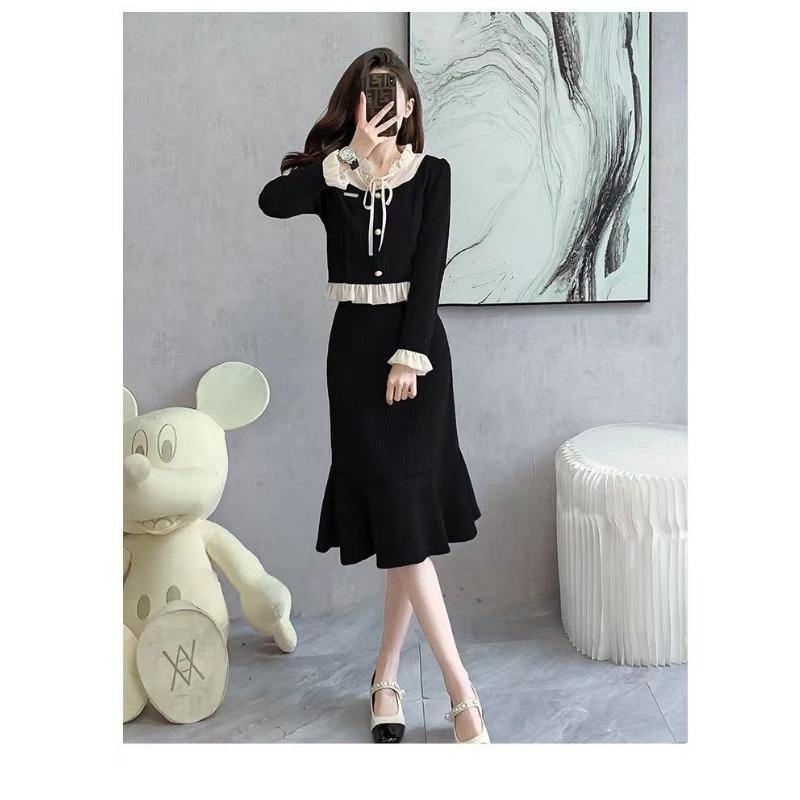 Women French Style Two Piece Set Slim Waist Long Sleeve Top And Midi Skirt Casual Outfit