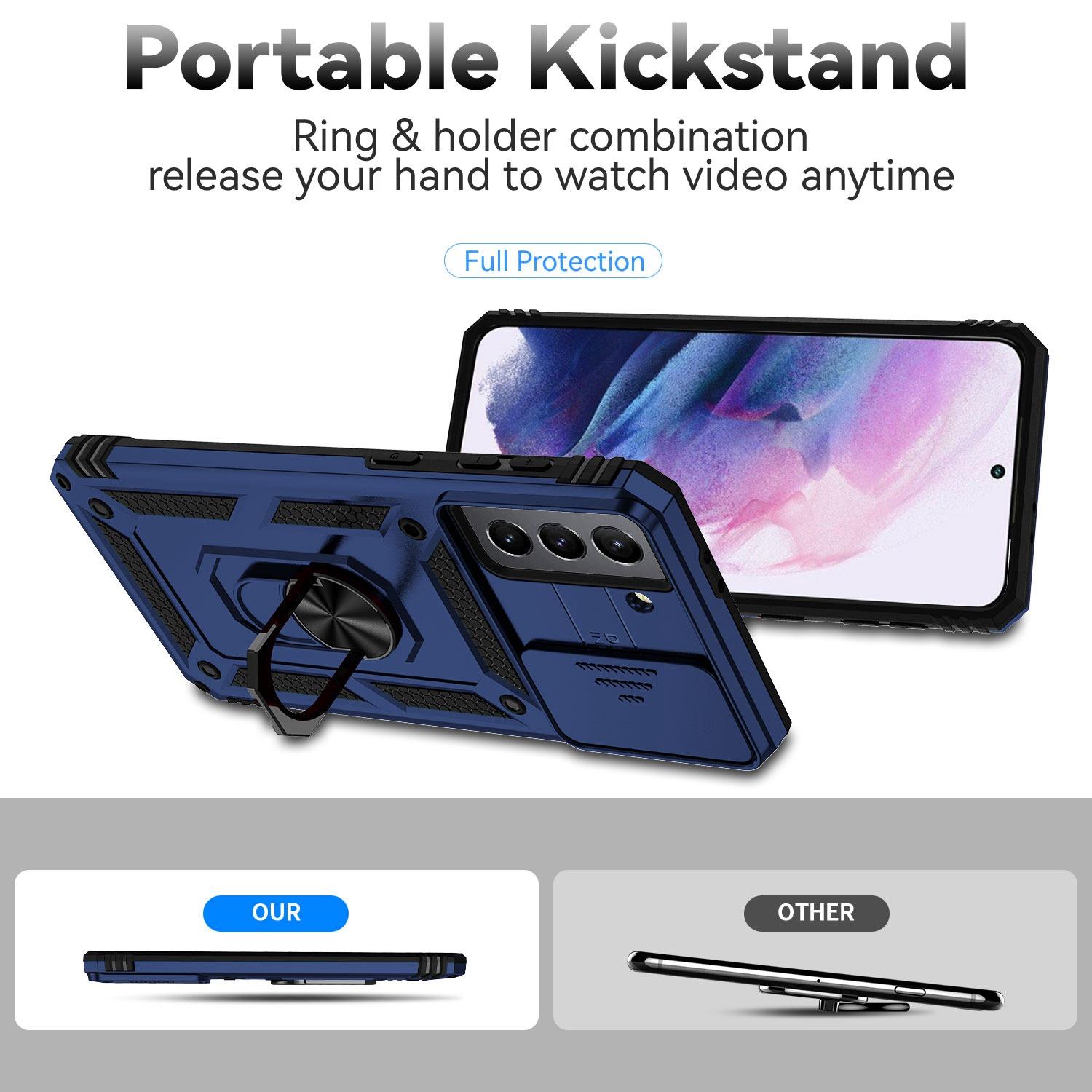 

Metal Ring Kickstand Cover for Samsung Galaxy S21 4G/5G,Hard PC+Soft TPU Slide Camera Protector Phone Case Blue