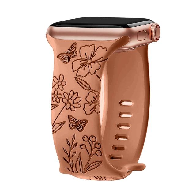 Floral Engraved Strap For Apple Watch Band 40mm 44mm 41mm 49mm 45mm 38mm 42mm Silicone Bracelet Iwatch Series 9 7 Se 6 8 Ultra 2