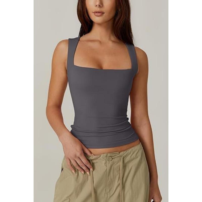 Summer Women's Square Neck Sleeveless Double Layer Tank Top Basic Tight T-shirt