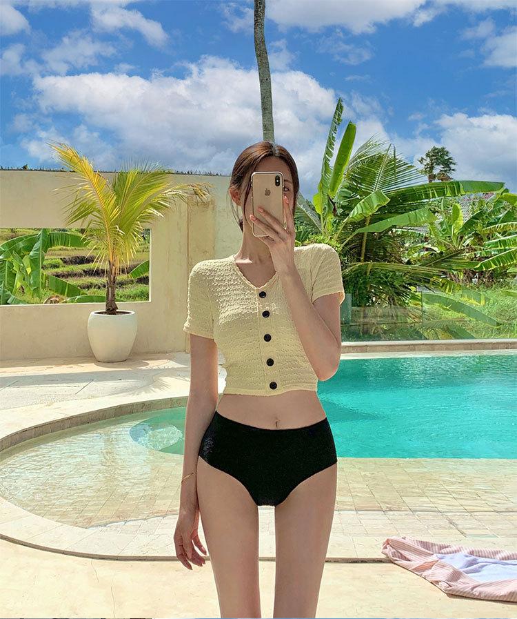 Korean ins sweet girl Want swimsuit women's split triangle conservative short-sleeved high-end hot spring swimsuit