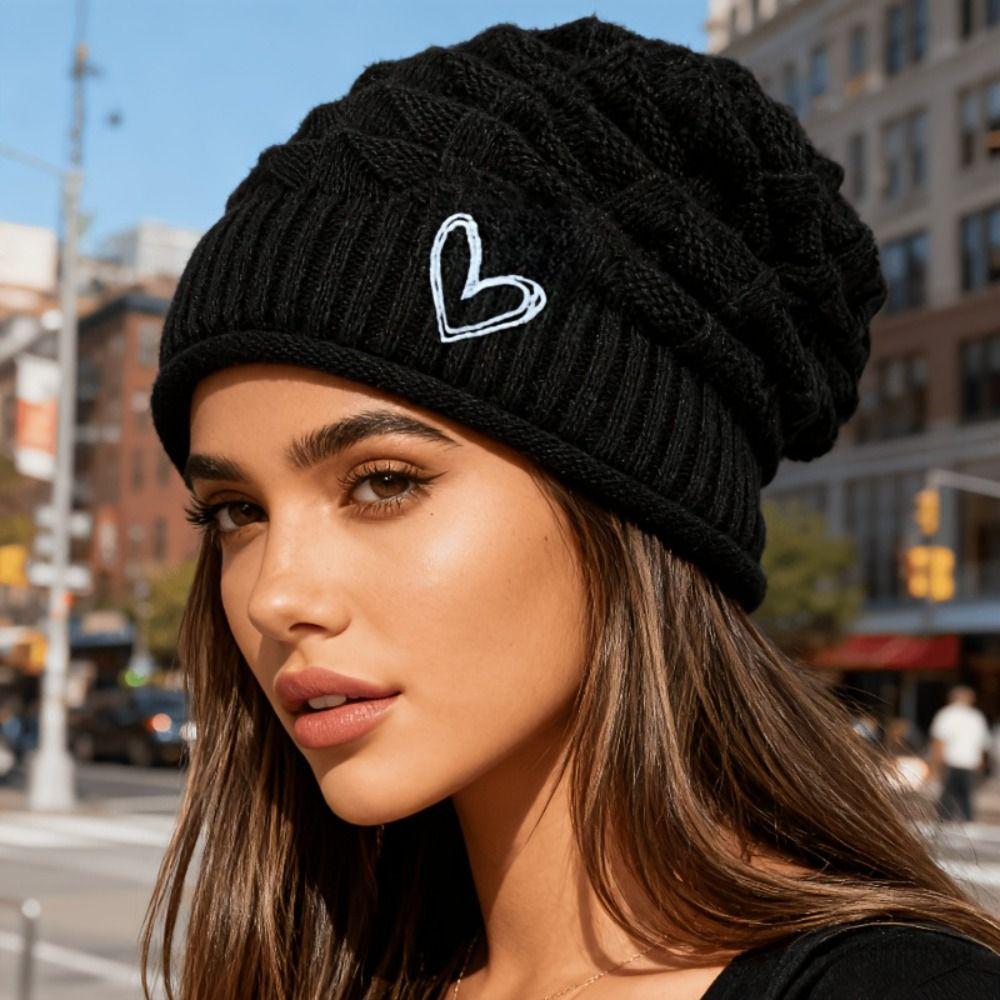 Embroidered Heart Cable Knit Beanie Foldover Cuff Cuffed Winter Hat for Women and Men