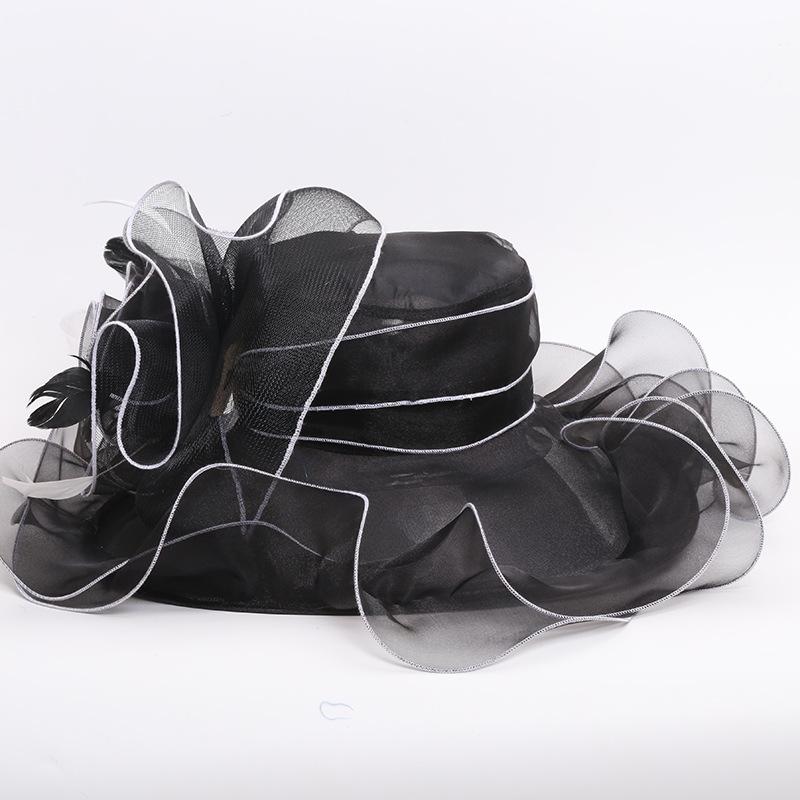 Organza Kentucky Derby hatter for kvinner Bred brem Strandhette Slør Blomst Fjær Bryllup Elegant kirkefest Fedora Kvinne