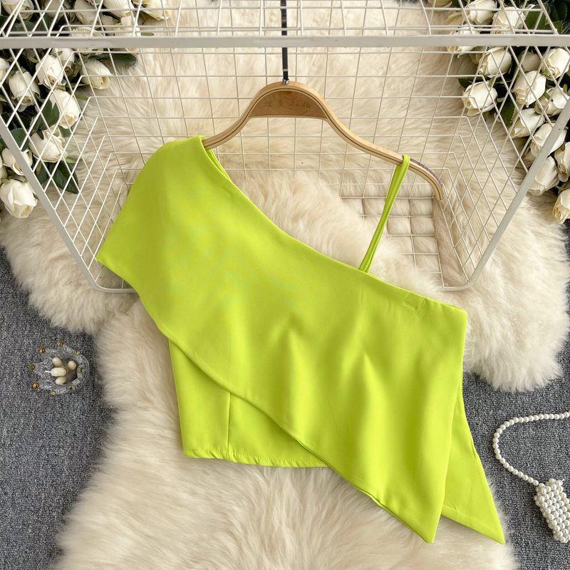 Sweet and Spicy Small Top Women's Stylish One-Shoulder Cold-Shoulder Single-Side Sling Silm Short Crop Top Versatile Holiday Small Shirt Fashion