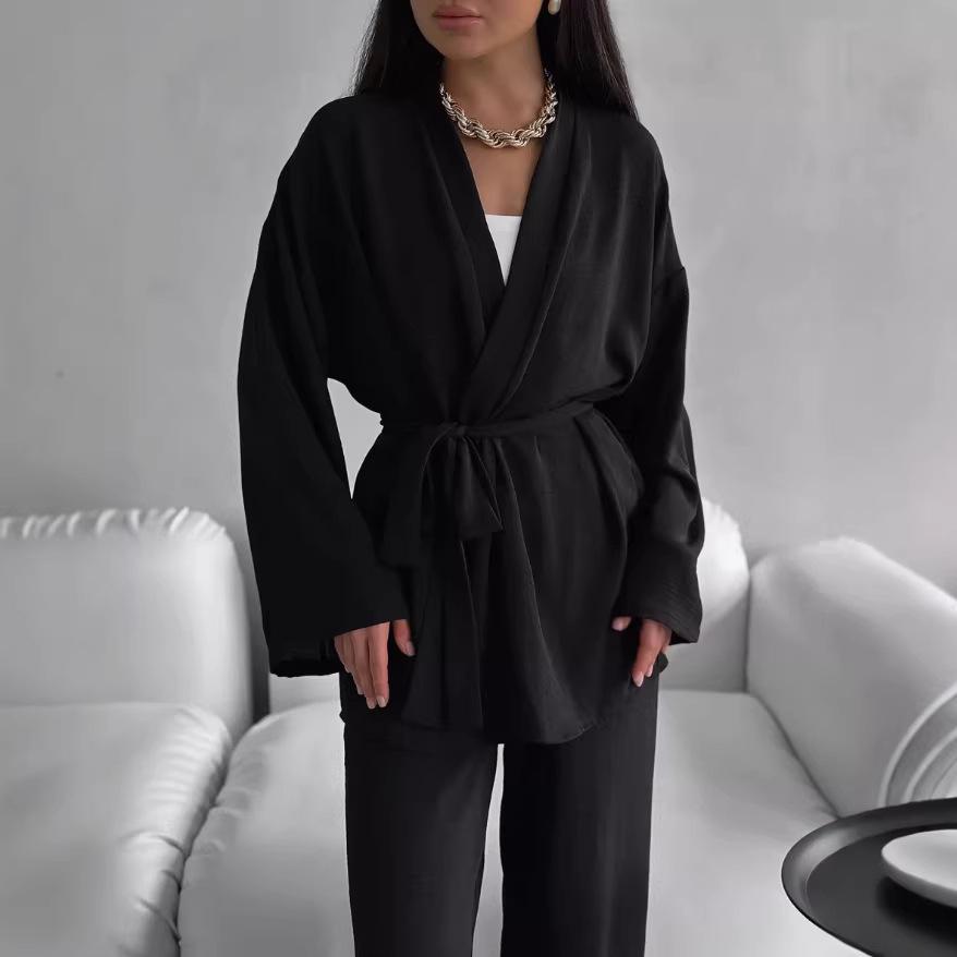 Women's Autumn Casual Two-Piece Set: Waist-Cinching Belted Cardigan & Long Pants