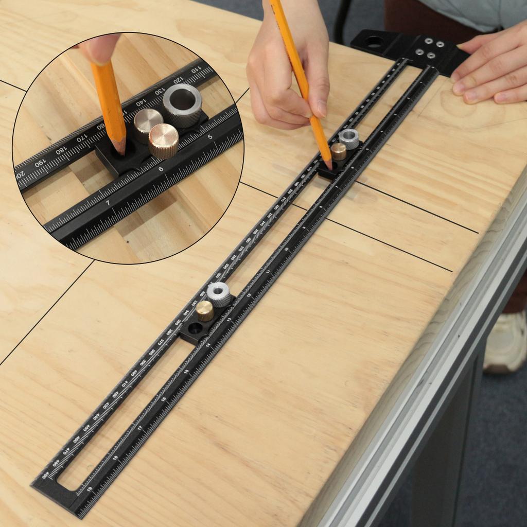 2 In 1 Drilling Positioning Scoring Ruler - Aluminum Alloy Scriber Marking Gauge with 6/8/10mm Drill Sleeves and Activity Block