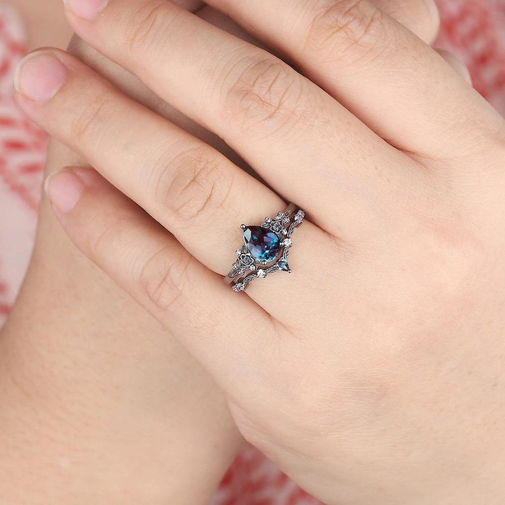 Alexandrite Black Leaf Engagement Set Blue Zircon Couple Ring High-end Ring