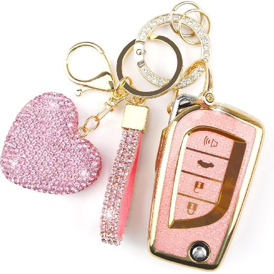 Key Fob Cover with Diamond Keychain, Car Key Holder Compatible with Toyota Avalon Camry Corolla Fortuner Highlander Levin Rav4 Sequoia Sienna Tacoma