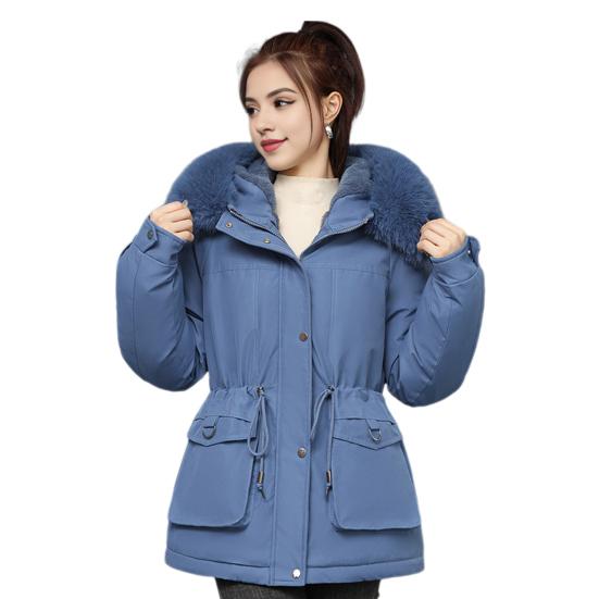 Women Winter Coat Thick Plush Furry Hooded Long Sleeves Pockets Drawstring Waist Zip-up Windproof Mid Length Overcoat Outdoor Outwear