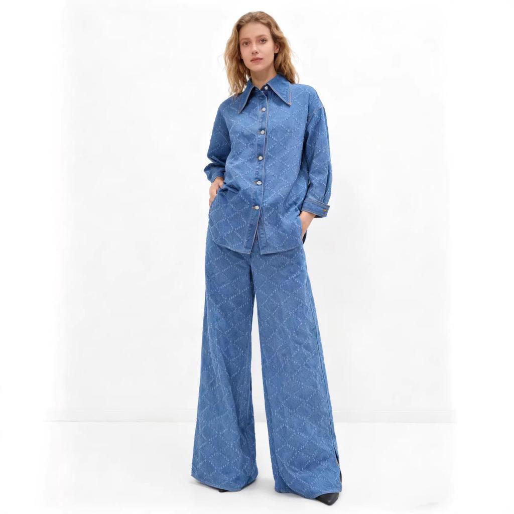 Ensemble en jean à manches longues pour femmes européennes et américaines: Pantalon décontracté large et ample et chemise en jean