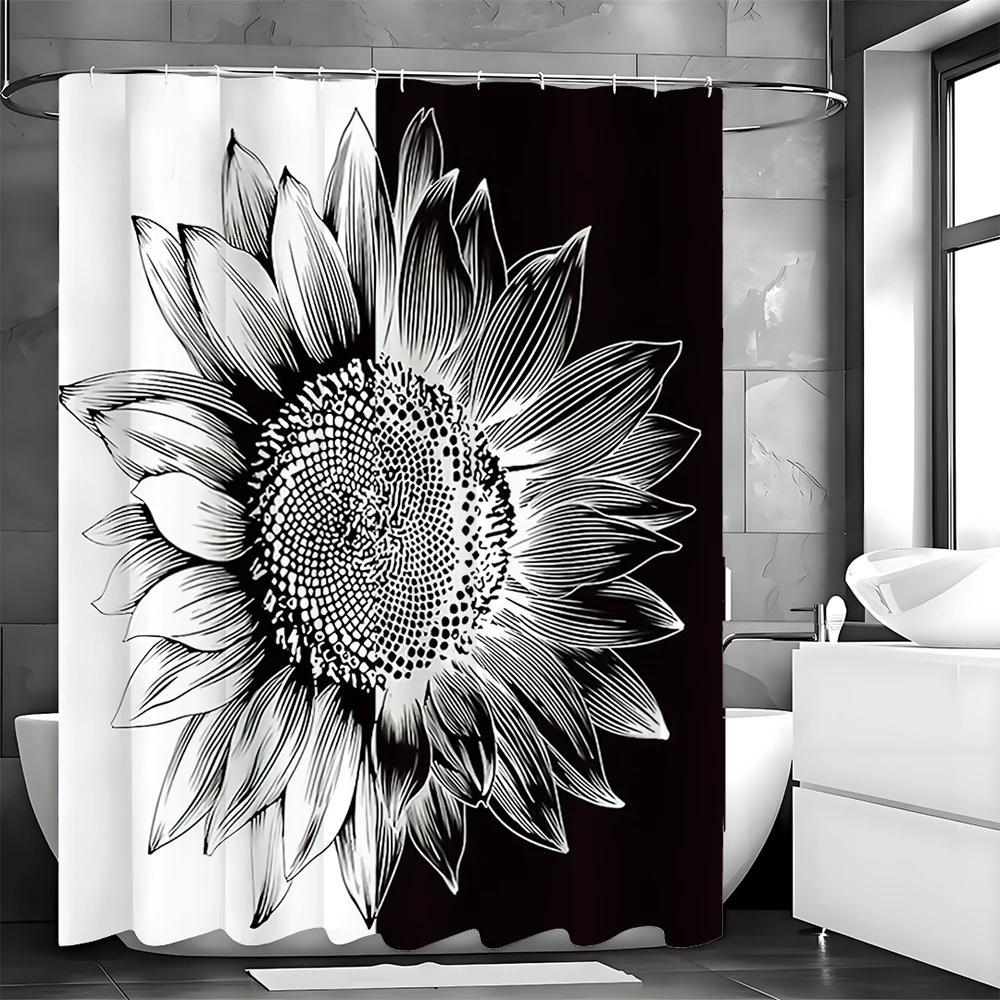 

Black and white sunflower shower curtain, bathroom decorative shower curtain, waterproof bathtub curtain with hook W90xH180cm