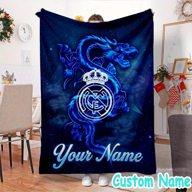 Custom Name Madrid Football Flannel Blanket Seasonal Universal Blanket For Indoor/outdoor, Perfect For Bedroom Sofa birthday gifts