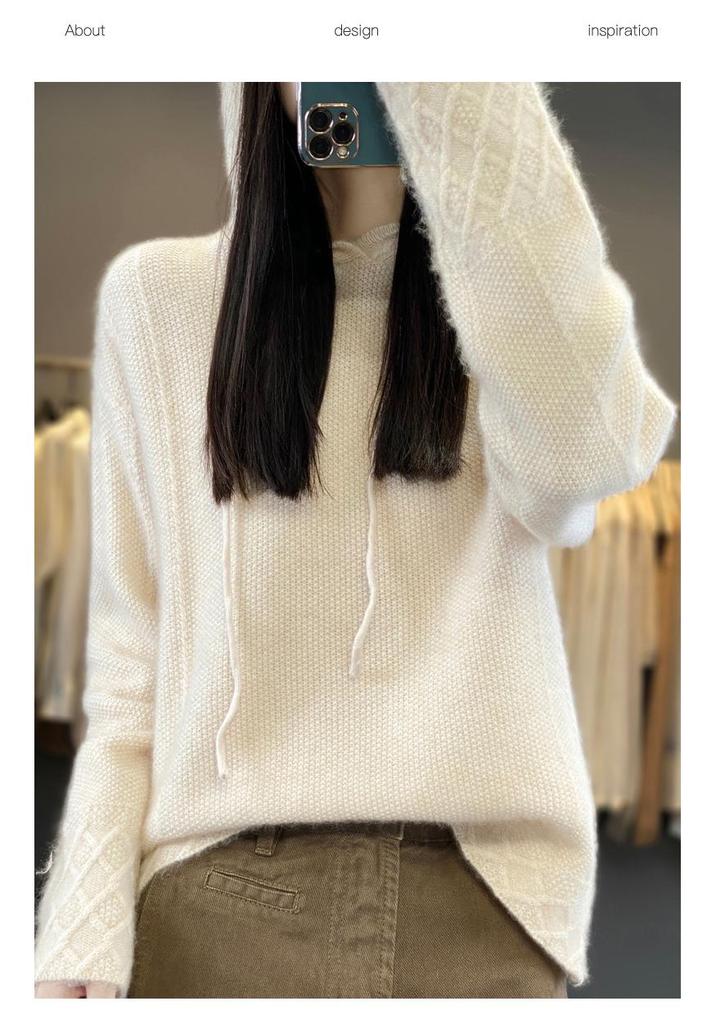 2024 Autumn/Winter Women's Pure Wool Hooded Knit Pullover - College Style Sweater