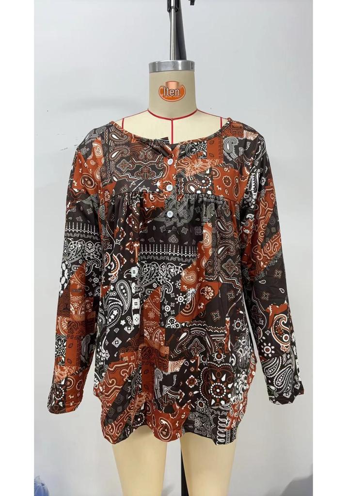 Elegant Plus Size Paisley V-Neck Button Top for Women
