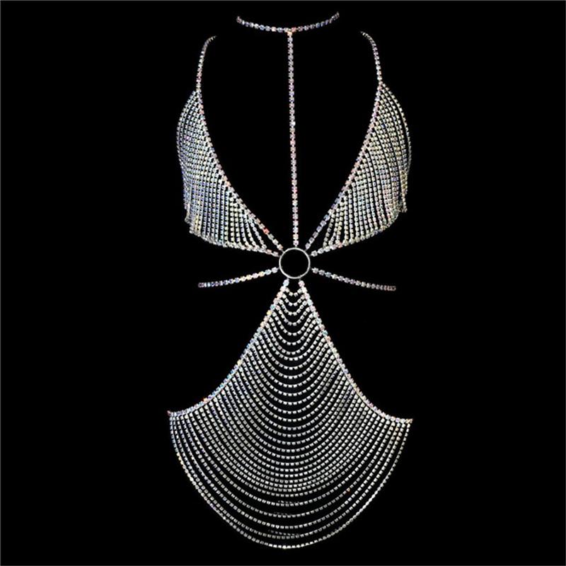Luoyan Shining Ladies Nightclub Sexy Crystal Top Skirt All-In-One Jewelry Girls Wearing Bra Chain Sexy Bikini Lingerie