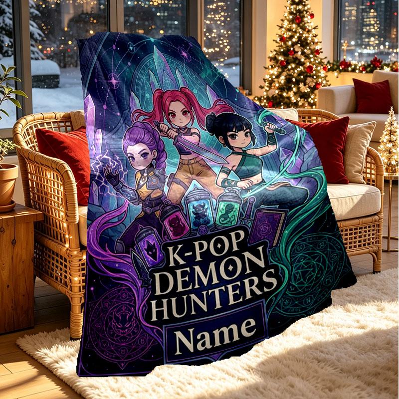 Custom Name Personalized Demon Hunters Kpop Print Blanket, Home Decor, Bedroom, Sofa, Camping, Couch, Gifts for Birthday Christmas