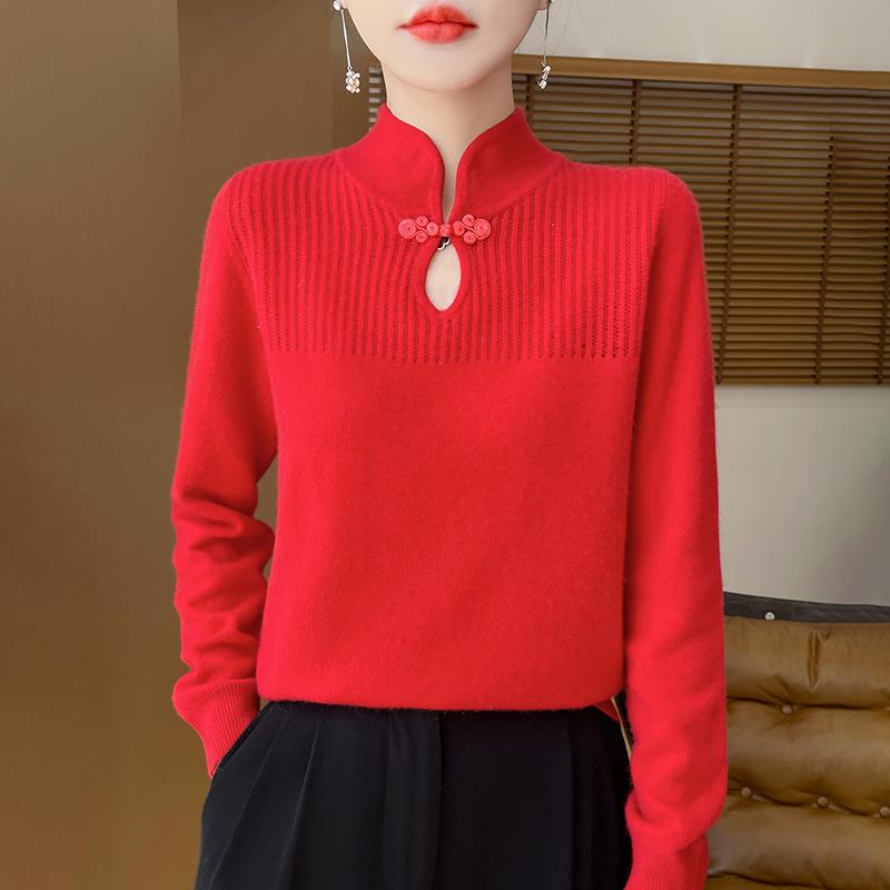 Women Sweater Mandarin Collar Pullover Chinese Style Knitwear Retro Elegant Long Sleeve Clothing Tops