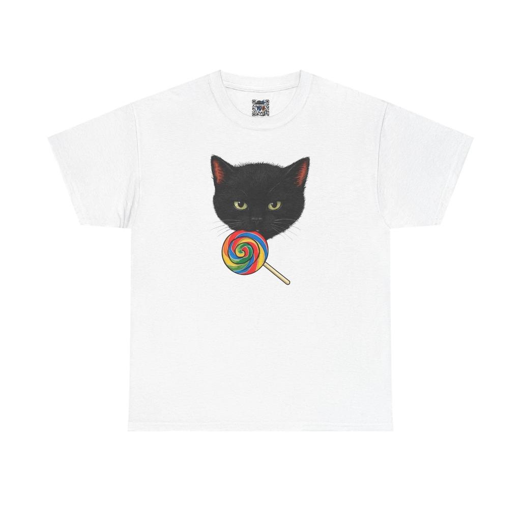 Black Cat with Lollipop Graphic T-Shirt – Cute Colorful Candy Cat Unisex Tee