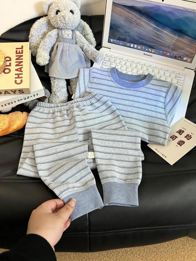 300g Kids' Striped Thermal Set: Pure Cotton Thickened Top & Bottom for Boys & Girls, Autumn/Winter Home Wear.