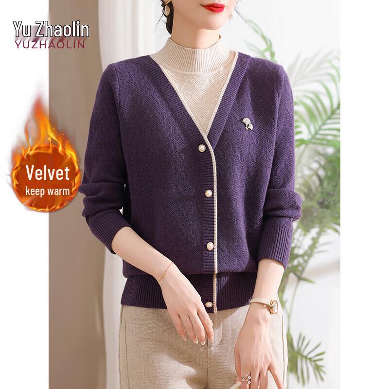 

YUZHAOLIN Faux Two-Piece Fleece-Lined Knitted Cardigan for Women L (90-130 lbs)