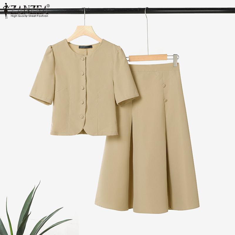 ZANZEA Women Short Sleeve Tops and Skirts Summer Two Piece Suit Sets