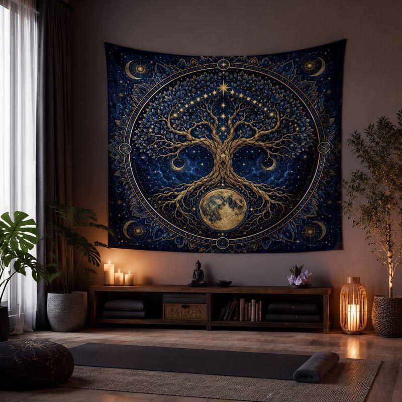 Tree of Life and Moon Phases Tapestry Wall Hanging Gold Starry Boho Mystical Celestial Aesthetic Wall Art Bedroom Decor