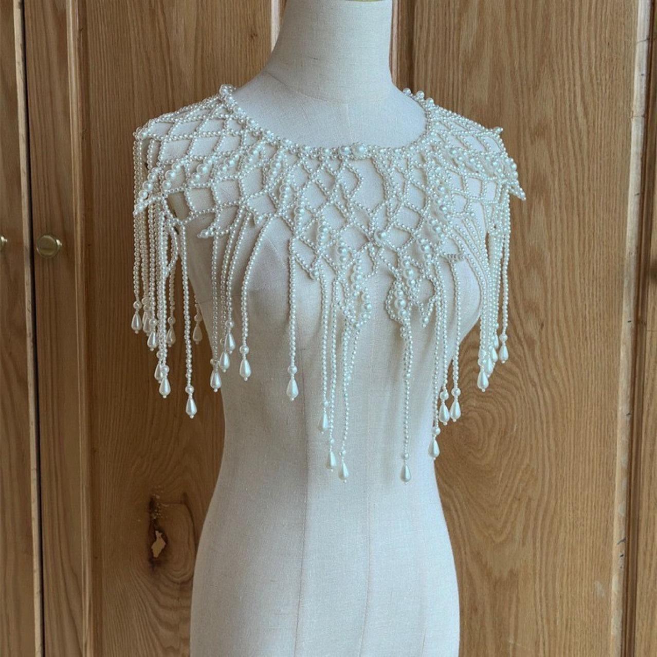 Handmade Multi-layer Pearl Beaded Shawl Women Elegant Tassel Body Chain Fashion Party Vest Costume Jewelry